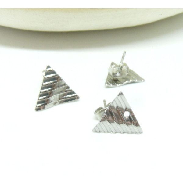 Boucles d'oreille puce Triangle Ondulé 12mm avec trou d' attache en Acier Inoxydable 304 avec embouts finition Argenté
