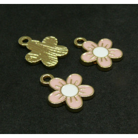 Pendentifs résine style émaillés Fleur, Marguerite 13mm Rose Pale sur une base en métal Doré