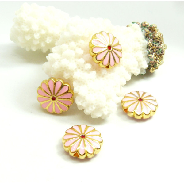 Perles Intercalaires Cloisonné Résine Style Émaillé Marguerite Rose 12 mm – Base Métal Doré