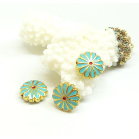 Perles Intercalaires Cloisonné Résine Style Émaillé Marguerite 12mm , Turquoise, Doré
