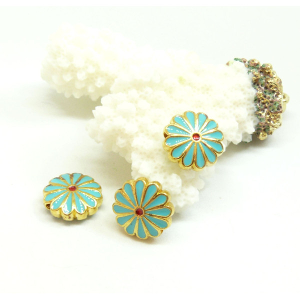 Perles Intercalaires Cloisonné Résine Style Émaillé Marguerite 12mm , Turquoise, Doré