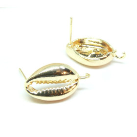 Boucles d'oreille clou puce avec attache Coquillage Cauri 20mm Cuivre Doré 18KT