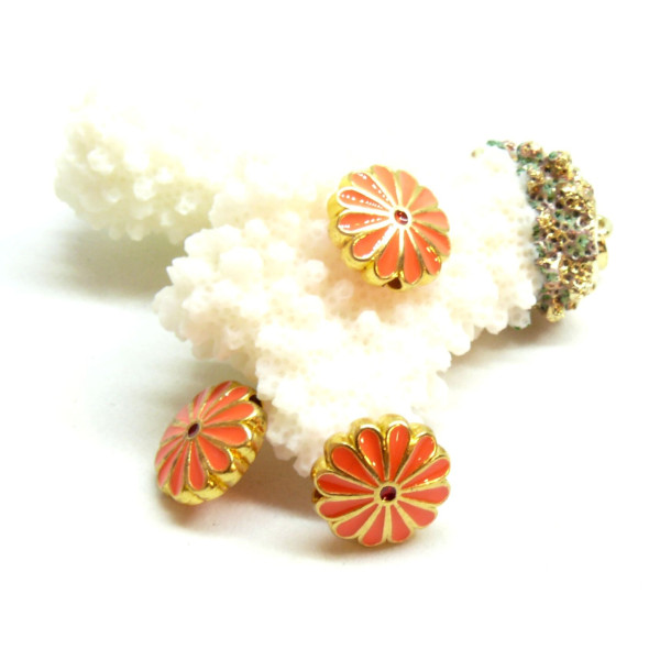 Perles intercalaires Cloisonné résine style émaillés Marguerite ORANGE 12mm sur une base en métal Doré