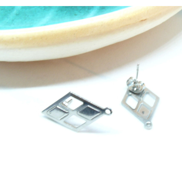Boucles d'oreille, puce Losange 24mm, avec anneau d' attache, Acier Inoxydable 304, avec embouts finition Argenté