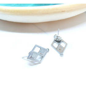 Boucles d'oreille, puce Losange 24mm, avec anneau d' attache, Acier Inoxydable 304, avec embouts finition Argenté