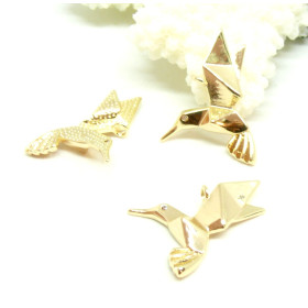 Pendentif Oiseau avec relief Origami et Zircon 22mm Cuivre finition OR 18KT