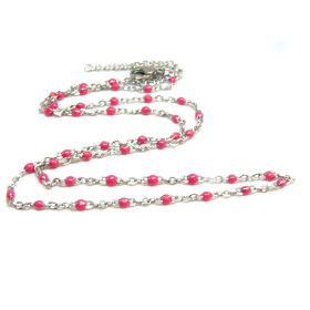 Collier 45 cm résine émaillé Rose Fuchsia- maille forçat fine 2 mm - Acier Inoxydable - base Argenté