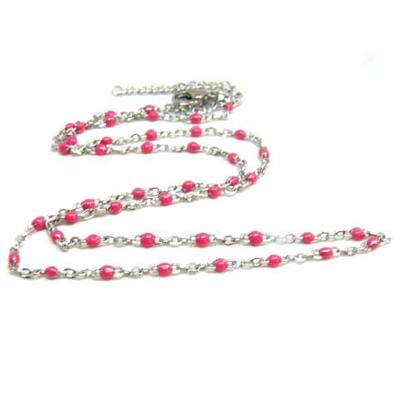Collier 45 cm résine émaillé Rose Fuchsia- maille forçat fine 2 mm - Acier Inoxydable - base Argenté