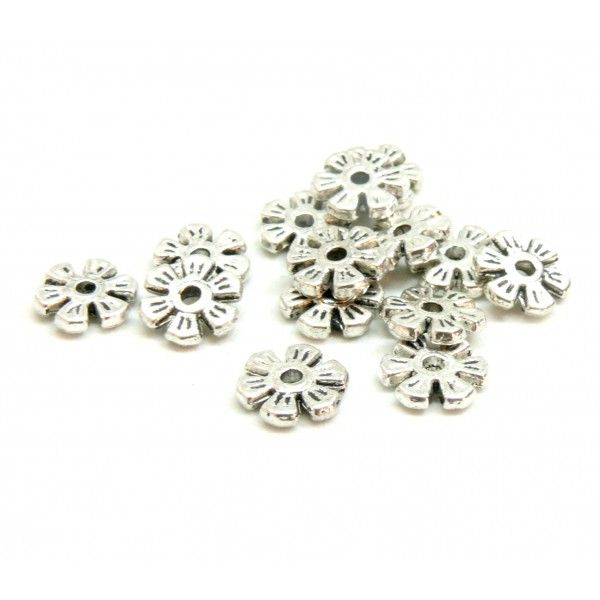 Perles intercalaires Rondelle  Fleur 8mm métal finition Argent Antique