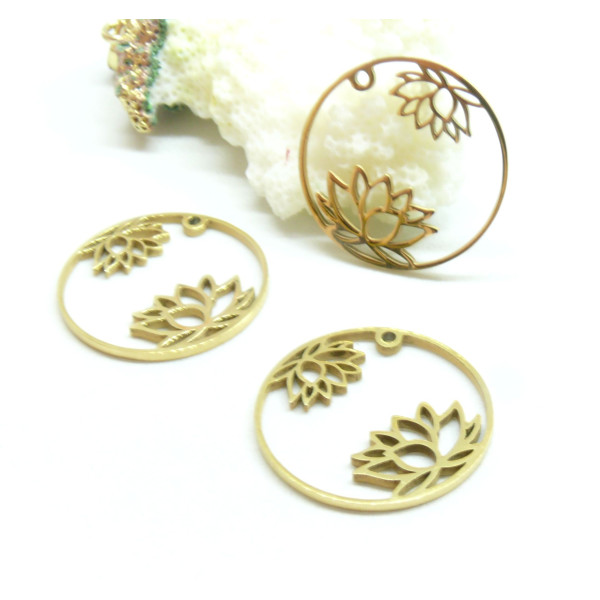Pendentif, Fleur de lotus 25mm, Acier Inoxydable 304, finition Doré, Placage Ionique