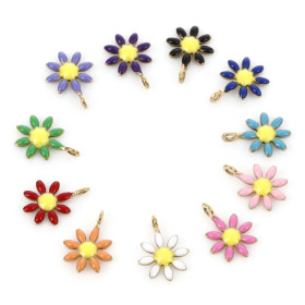 Pendentifs petite Marguerite Emaillé Biface Rose 10 mm Acier Inoxydable finition Doré