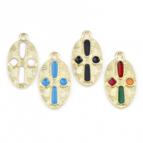 Sequins résine style émaillés Croix émaillé Bleu dans Ovale  23 mm sur une base en métal dore