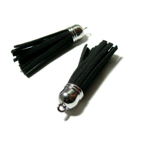 pompons breloque passementière 60mm suédine NOIR ARGENT VIF