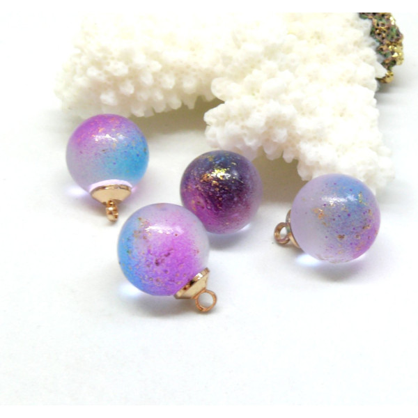 Pendentifs Rond Verre Violet Bleu 12 mm métal Doré