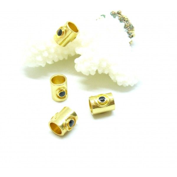 Pendentifs, perles intercalaire Tube résine style émaillés  Noir 9 mm sur une base en métal dore
