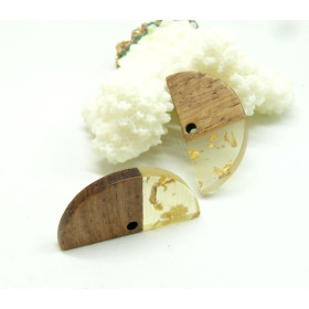 Pendentifs, Connecteurs Demi Cercle en Bois et résine Translucide avec inclusion de feuille d'or 28 par 14mm