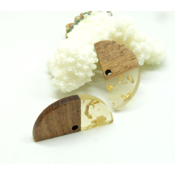 Pendentifs, Connecteurs Demi Cercle en Bois et résine Translucide avec inclusion de feuille d'or 28 par 14mm