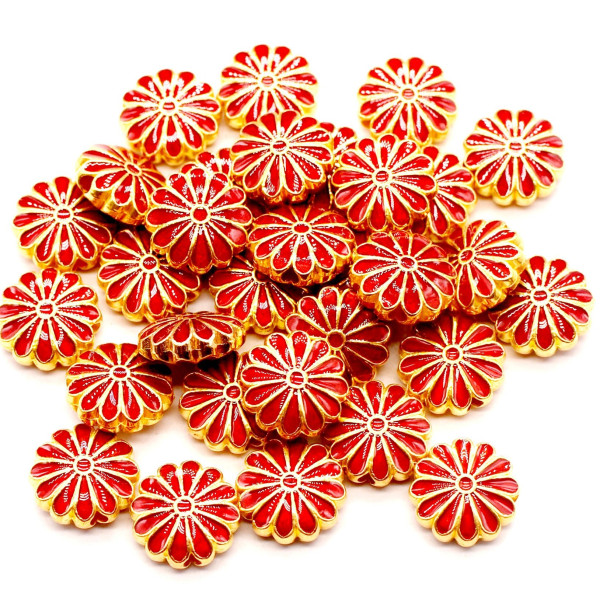 Perles intercalaires Cloisonné résine style émaillés Marguerite ROUGE 12mm sur une base en métal Doré