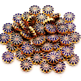 Perles intercalaires Cloisonné résine style émaillés Marguerite Bleu Foncé 12mm sur une base en métal Doré
