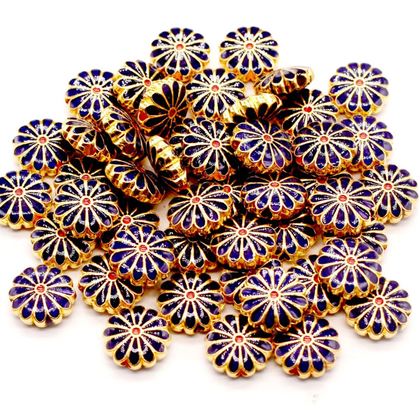 Perles intercalaires Cloisonné résine style émaillés Marguerite Bleu Foncé 12mm sur une base en métal Doré