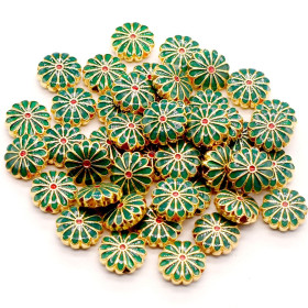 Perles intercalaires Cloisonné résine style émaillés Marguerite Vert Foncé 12mm sur une base en métal Doré