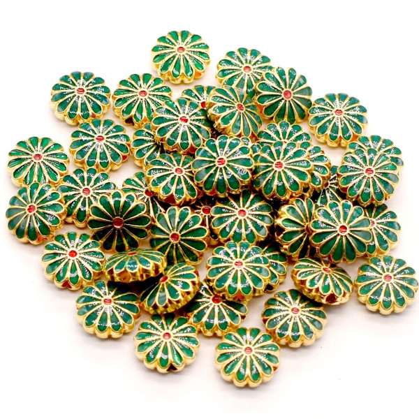 Perles intercalaires Cloisonné résine style émaillés Marguerite Vert Foncé 12mm sur une base en métal Doré