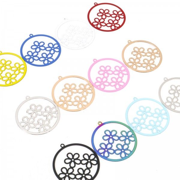 Estampes, pendentifs  multi fleurs dans cercle 25mm métal coloris Doré