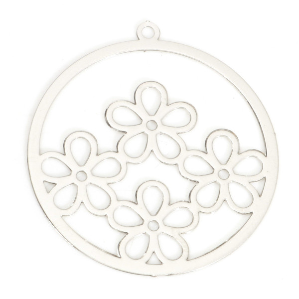 Estampes Pendentifs Multi Fleurs Cercle 25mm Métal Argent Platine
