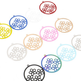 Estampes, pendentifs  multi fleurs dans cercle 25mm métal coloris Blanc