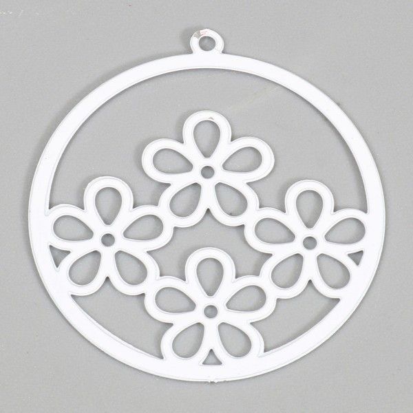Estampes, pendentifs  multi fleurs dans cercle 25mm métal coloris Blanc