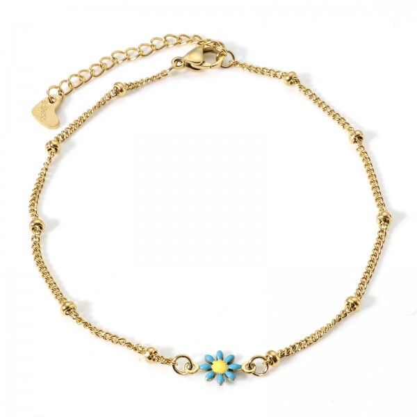 Bracelet, Bracelet de cheville - Maille Gourmette  22 cm- en Acier Inoxydable 304 -finition Doré  Marguerite Turquoise