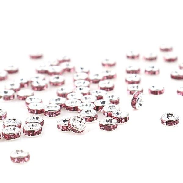 Perles intercalaires Rondelles avec Strass 4 mm, métal  finition Rose