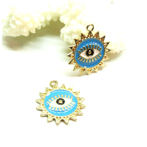Pendentifs émaillés  Oeil de la protection, Gri Gri 19 mm Bleu Turquoise métal Doré
