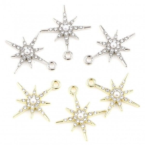 Pendentifs, breloque Multi Étoiles avec Rhinestone et perle 21mm, Galaxie, métal finition Doré