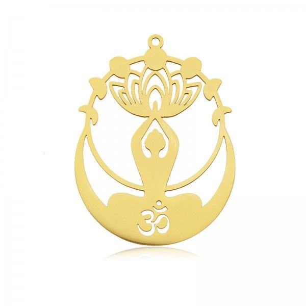 Pendentif - Yoga Boudha Ohm, Fleur de lotus  Boho 43mm - en Acier Inoxydable 304 - coloris Doré - pour bijoux raffinés