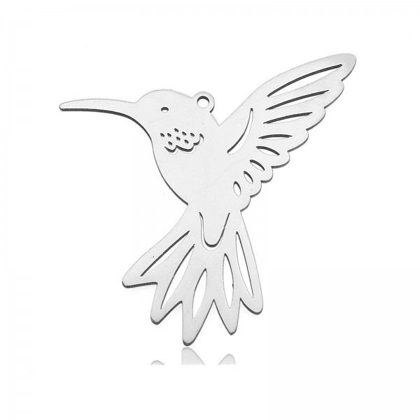 Pendentif - Oiseau mouche, Colibri 38mm - en Acier Inoxydable 304 - coloris Argenté - pour bijoux raffinés
