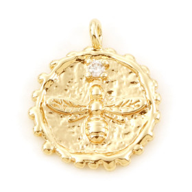 Pendentif  Abeille avec strass dans médaillon 13mm en Cuivre finition Doré 18KT