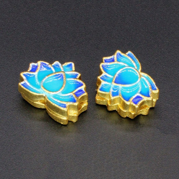 Perles intercalaire Cloisonné émaillés Biface Fleur de lotus 13mm sur une base en métal Doré