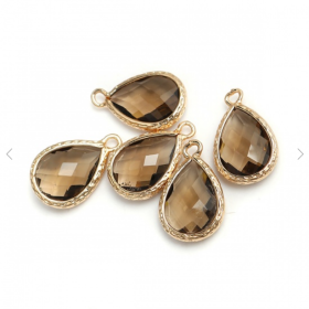 Pendentifs Goutte Verre Marron Fumé Facetté 14mm sur Cuivre Doré