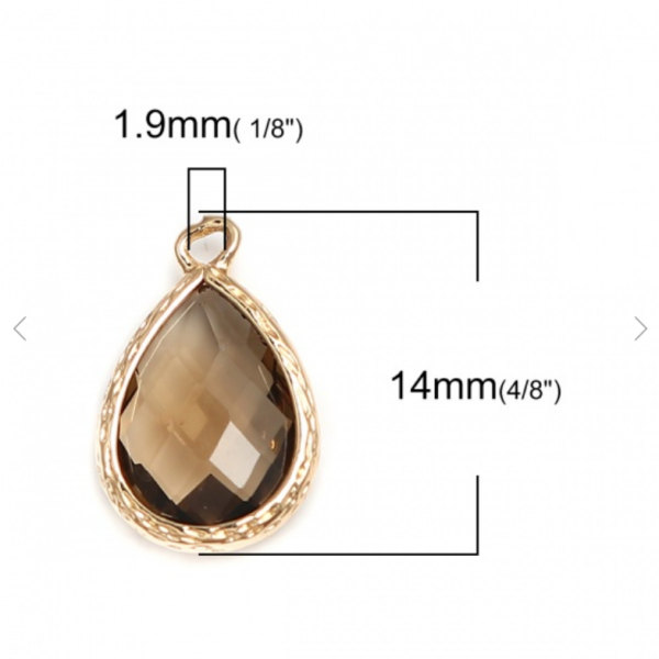 Pendentifs Goutte Verre Marron Fumé Facetté 14mm sur Cuivre Doré