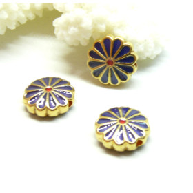 Perles intercalaires Cloisonné résine style émaillés Marguerite Bleu Foncé 12mm sur une base en métal Doré