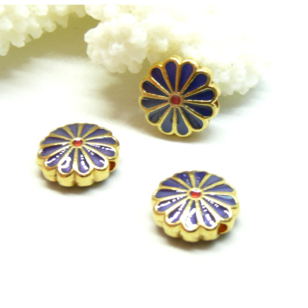 Perles intercalaires Cloisonné résine style émaillés Marguerite Bleu Foncé 12mm sur une base en métal Doré