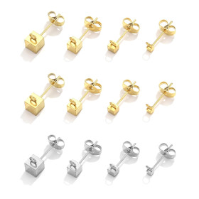 Boucles d'oreille Puce Cube 4mm avec anneau d'accroche en ACIER INOXYDABLE 304 et poussoirs papillons finition Argenté