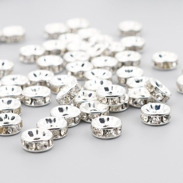Perles intercalaires Rondelles avec Strass 6 mm, métal  finition Argent VIF