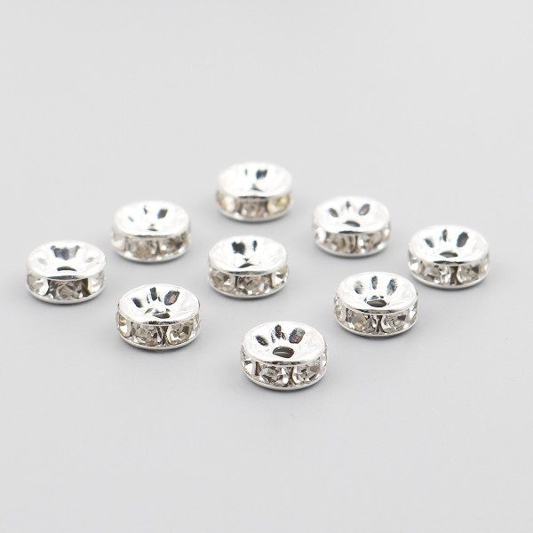 Perles intercalaires Rondelles avec Strass 6 mm, métal  finition Argent VIF
