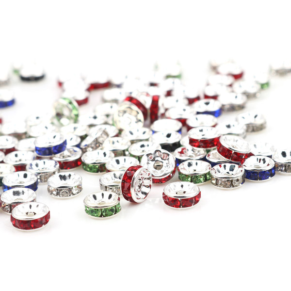 Perles intercalaires Rondelles avec Strass 6 mm, métal  finition Argent VIF