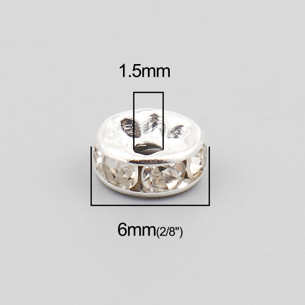 Perles intercalaires Rondelles avec Strass 6 mm, métal  finition Argent VIF