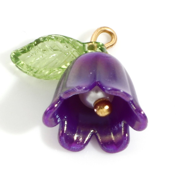 Pendentifs Fleur avec feuille 14mm en résine coloris Violet