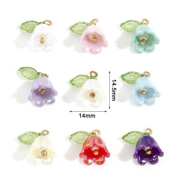 Pendentifs Fleur avec feuille 14mm en résine coloris Rose