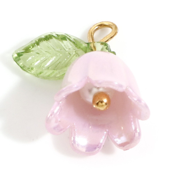 Pendentifs Fleur avec feuille 14mm en résine coloris Rose